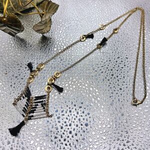 "5/$25" Long Black & White Seed Bead Bib Gold Tone  Ethnic Southwestern Necklace